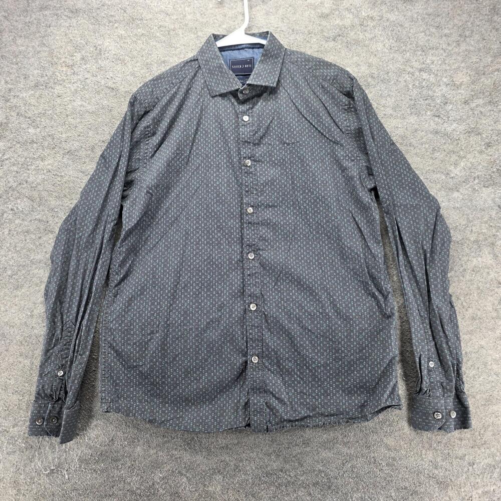 Stitch Note Shirt Mens M Gray Floral Long Sleeve Button Up Egyptian Cotton